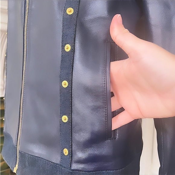 ST JOHN SPORT Navy Blue Lambs Leather & Denim Trim Zip Up Leather Jacket Size L - Picture 11 of 14